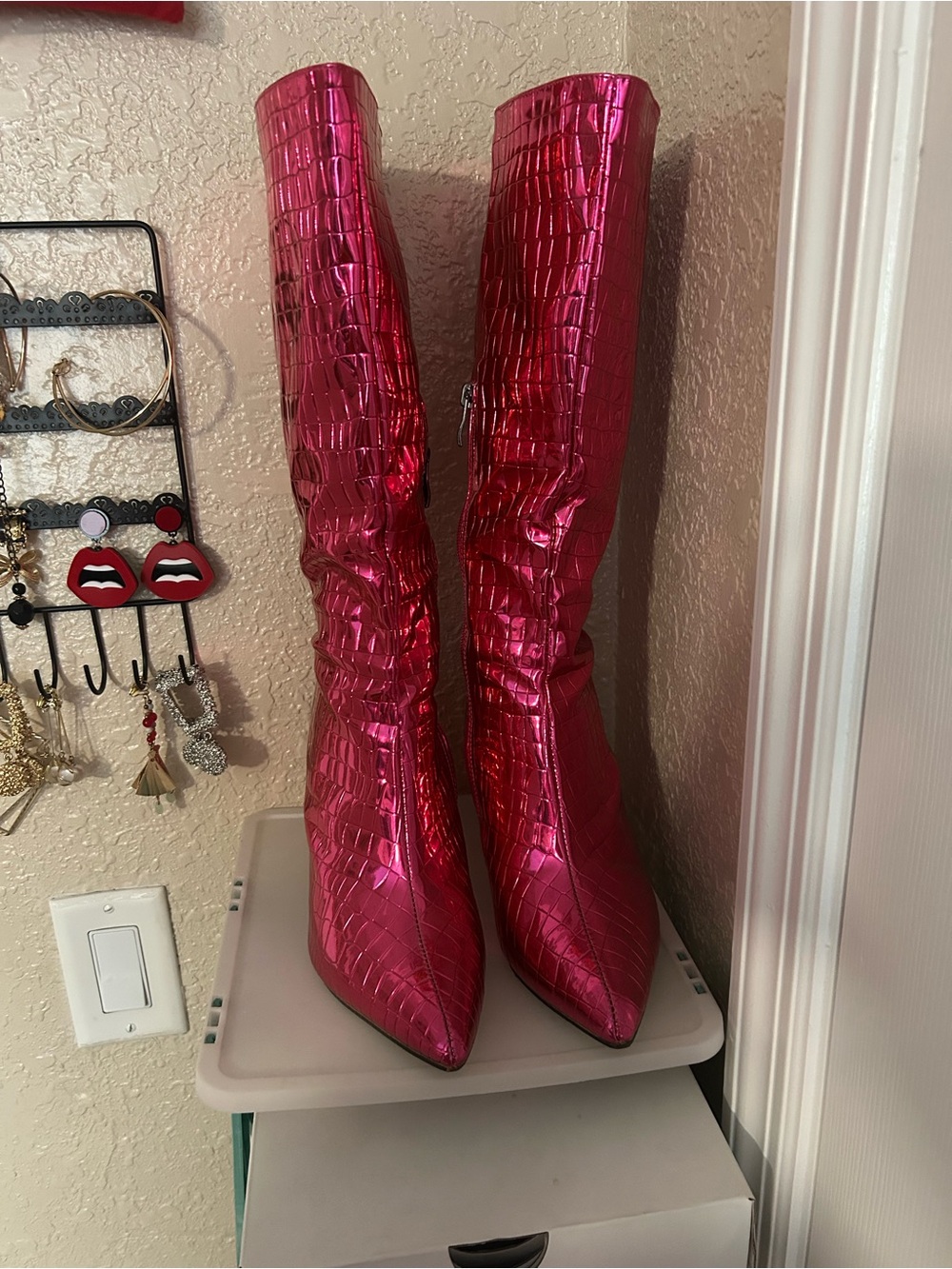 Metallic Hot Pink Croc-Embossed Knee-High Boots